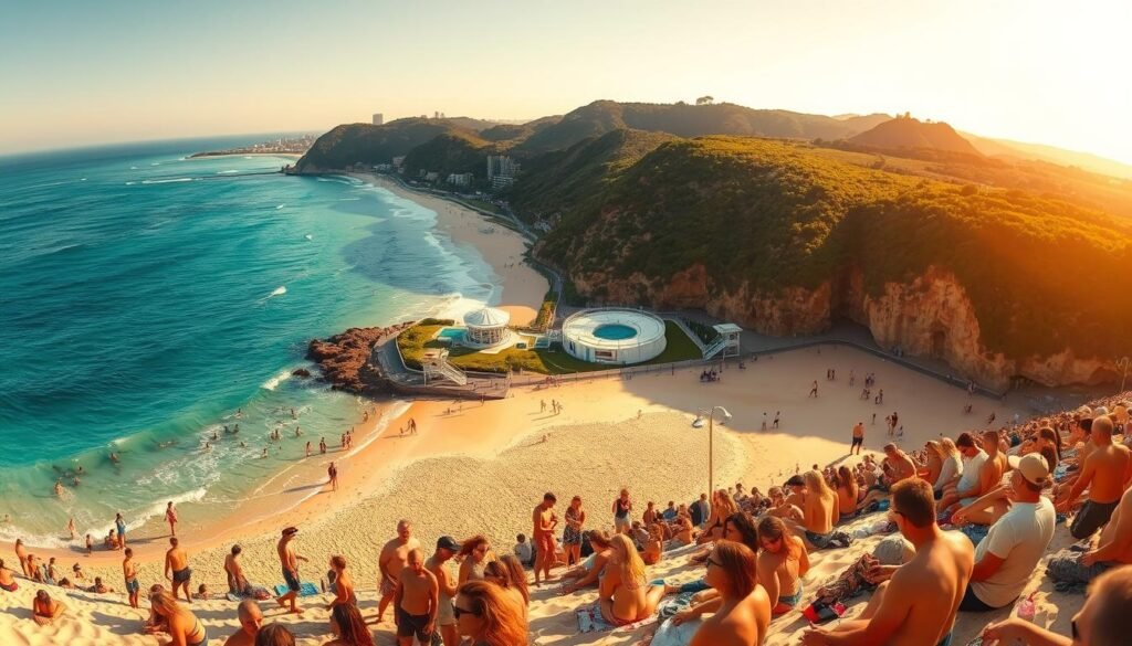 A breathtaking panorama of Bondi Beach, Australia's iconic coastal treasure. In the foreground, sun-kissed beachgoers enjoy the golden sands and turquoise waters, their laughter and joy captured in a vibrant, candid scene. The middle ground features the distinctive curved shoreline, dotted with iconic Bondi lifeguard towers and the famous Bondi Icebergs pools, their pristine white structures contrasting with the azure waves. In the background, the rugged, verdant cliffs of the Bondi to Bronte coastal walk rise majestically, their lush greenery framing the scene. Warm, golden sunlight bathes the entire landscape, creating a sense of tranquility and timeless beauty. The overall atmosphere evokes the spirit of Sydney's iconic landmarks - a perfect representation of Bondi Beach, Australia's coastal treasure.