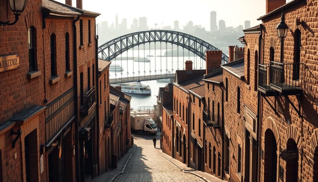 A picturesque view of the historic Rocks district in Sydney, Australia. In the foreground, cobblestone streets wind between quaint colonial-era buildings, their sandstone facades bathed in warm afternoon sunlight. Wooden signs and iron-wrought details add to the timeless ambiance. In the middle ground, the iconic Sydney Harbour Bridge arches gracefully, its steel girders complementing the weathered brick and stone structures. In the distance, the shimmering waters of the harbor are dotted with ferries and sailboats, framed by the dramatic silhouettes of the city's skyscrapers. A soft, golden hue permeates the scene, evoking a sense of nostalgia and timelessness. The overall impression is one of a vibrant, living historical district, where the past and present coexist harmoniously.